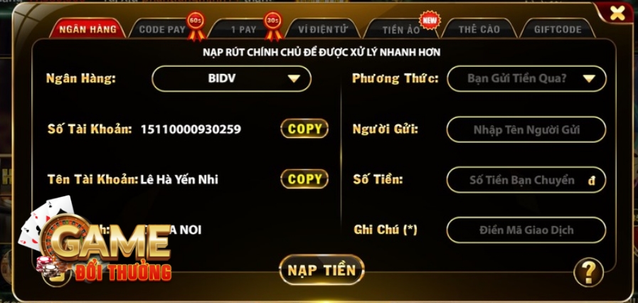 Nạp tiền qua ngân hàng