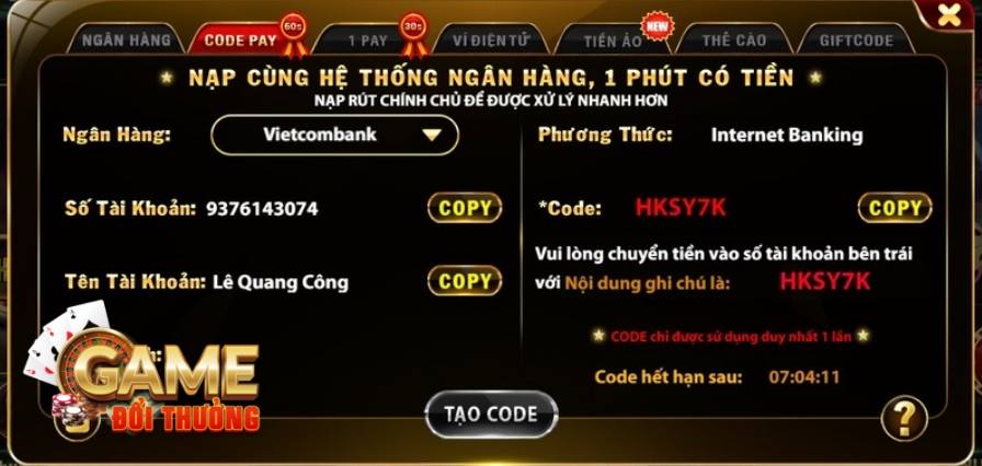 Nạp tiền qua Codepay
